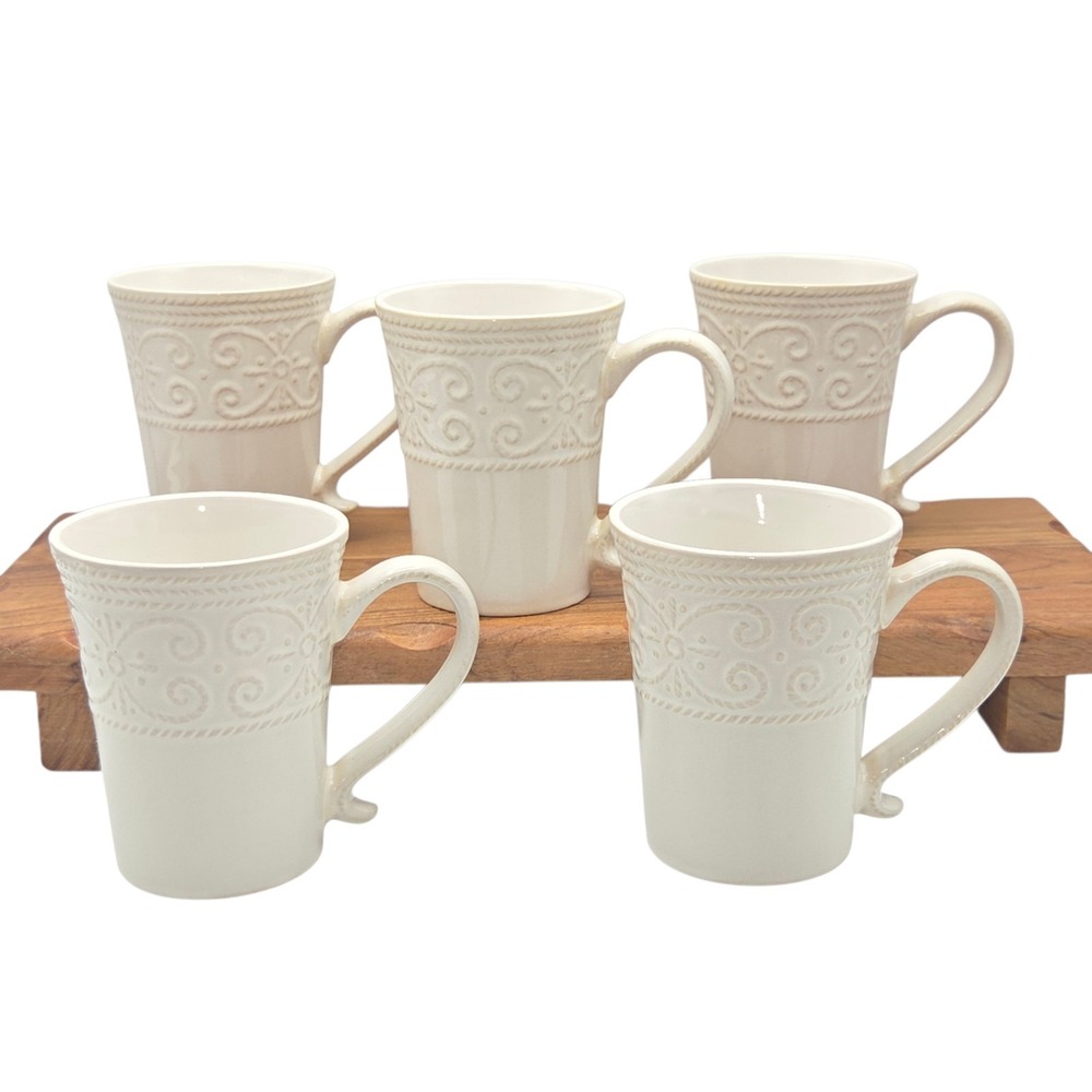 Pfaltzgraff Abby White Coffee Mugs Set of 5 Embossed Scroll Stoneware 12 oz